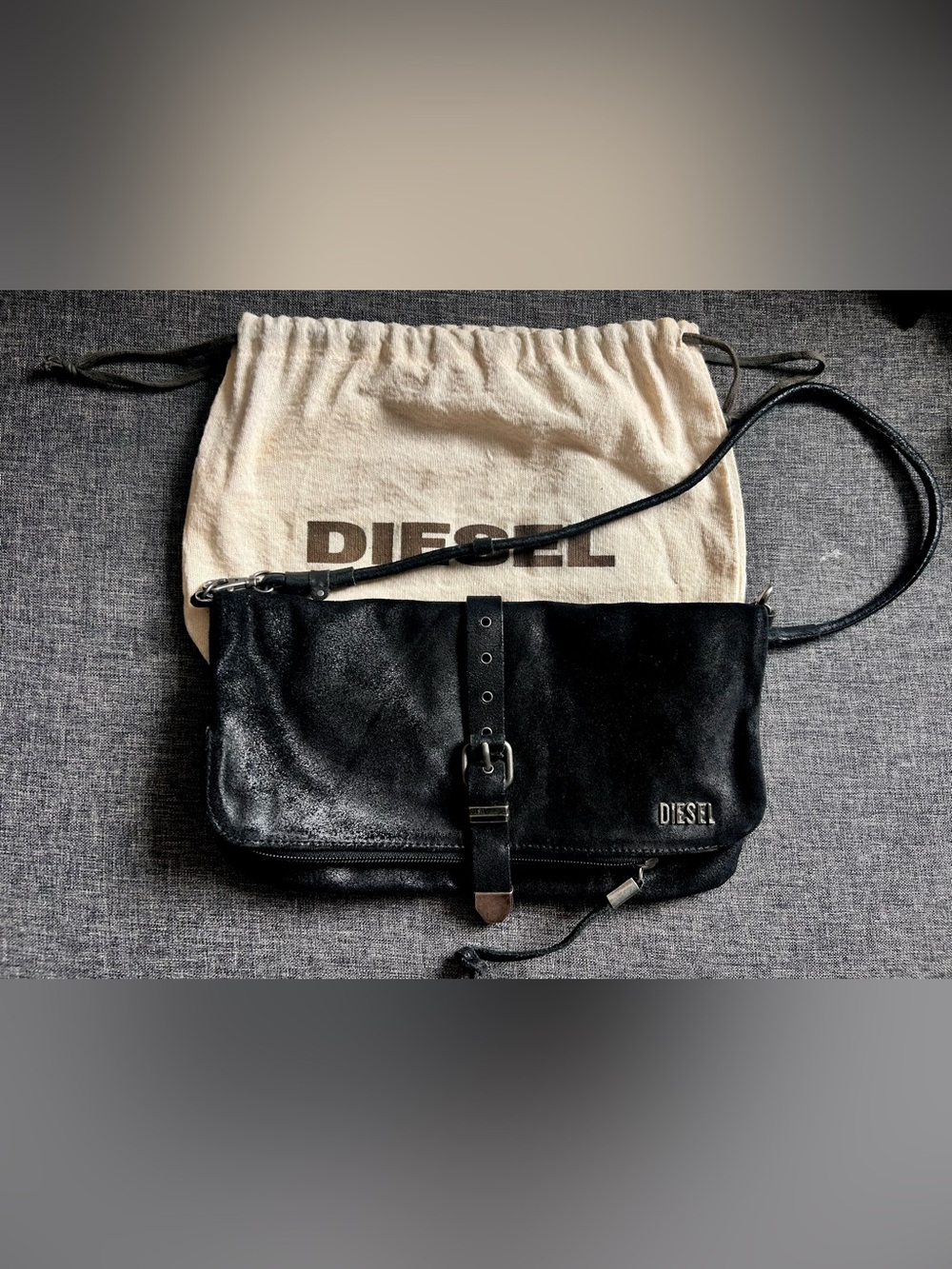 Y2K Diesel Black Suede Leather Bag with Buckle Detail Two Side Pockets Vintage